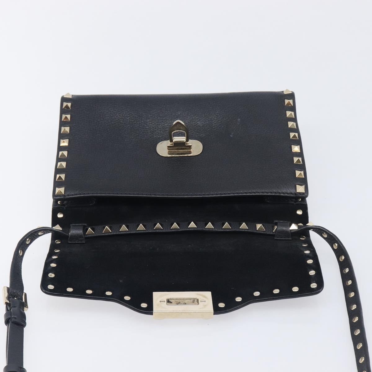 Valentino Rock studs Shoulder Bag Leather Black Gold Tone Auth BA16640A
