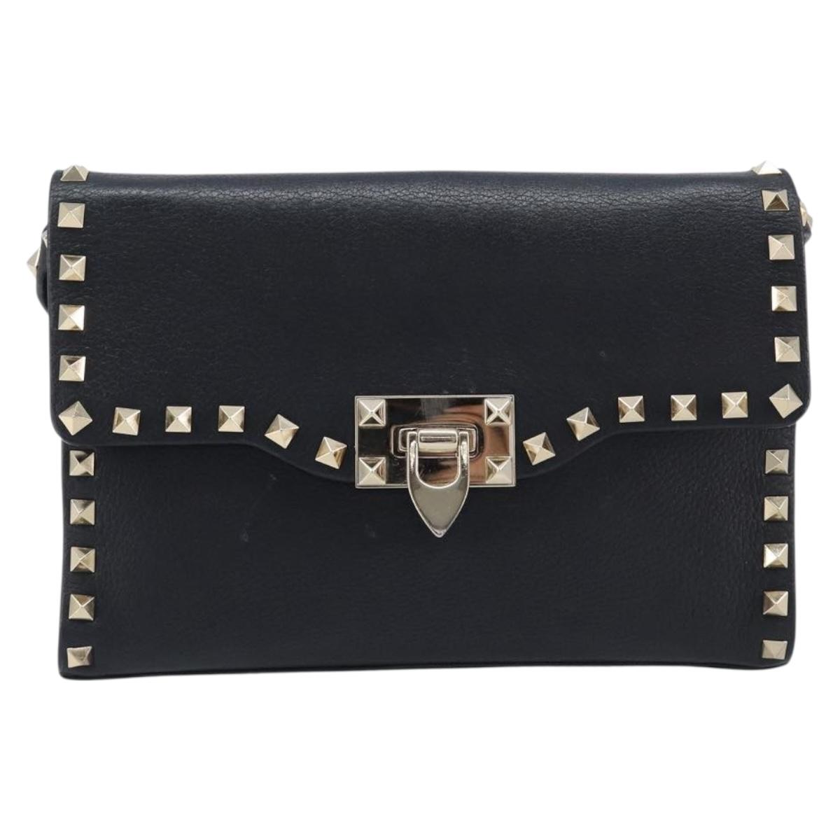 Valentino Rock studs Shoulder Bag Leather Black Gold Tone Auth BA16640A