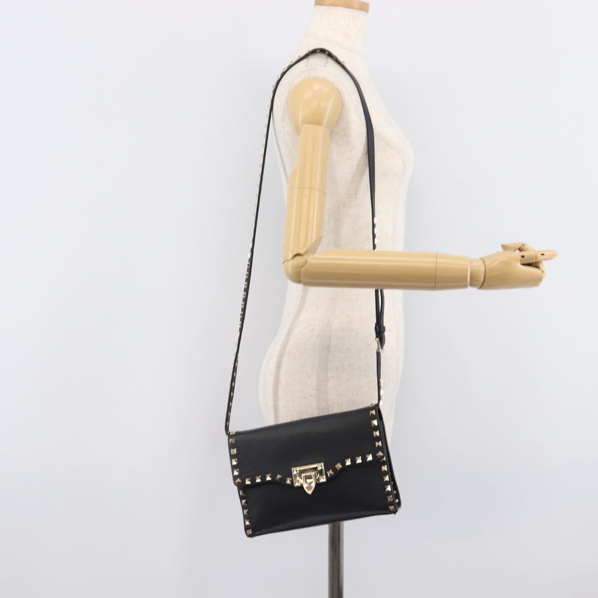Valentino Rock studs Shoulder Bag Leather Black Gold Tone Auth BA16640A
