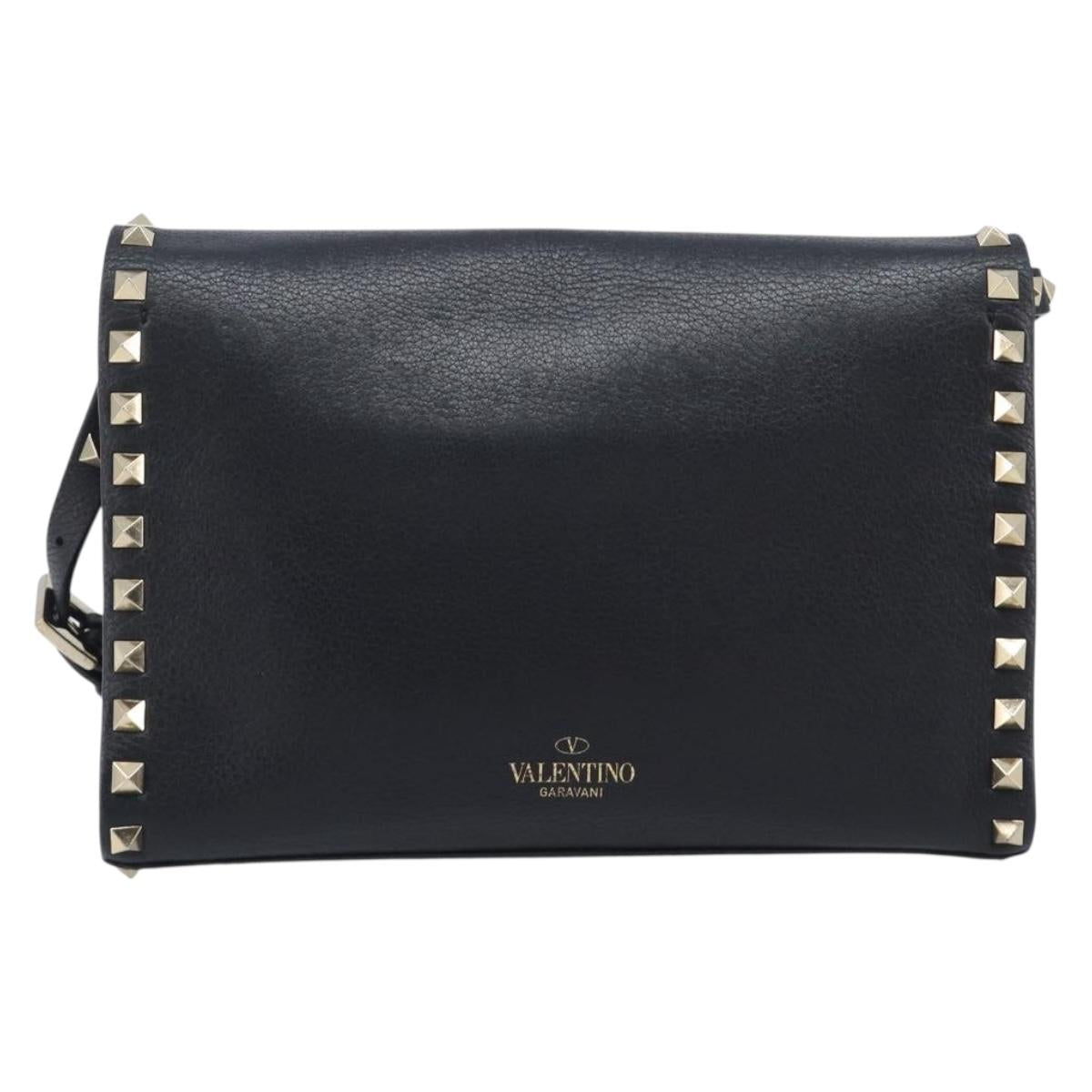 Valentino Rock studs Shoulder Bag Leather Black Gold Tone Auth BA16640A