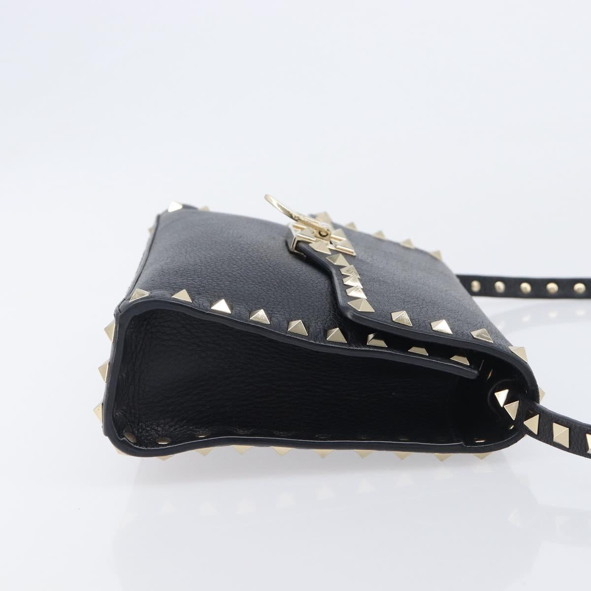 Valentino Rock studs Shoulder Bag Leather Black Gold Tone Auth BA16640A