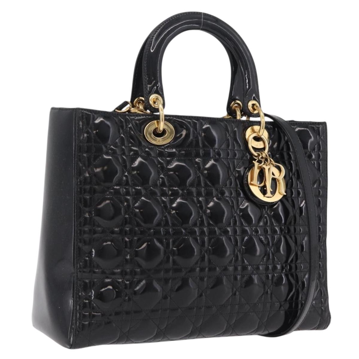 Christian Dior Lady Dior Canage Hand Bag Patent 2way Black Gold Auth BA16643