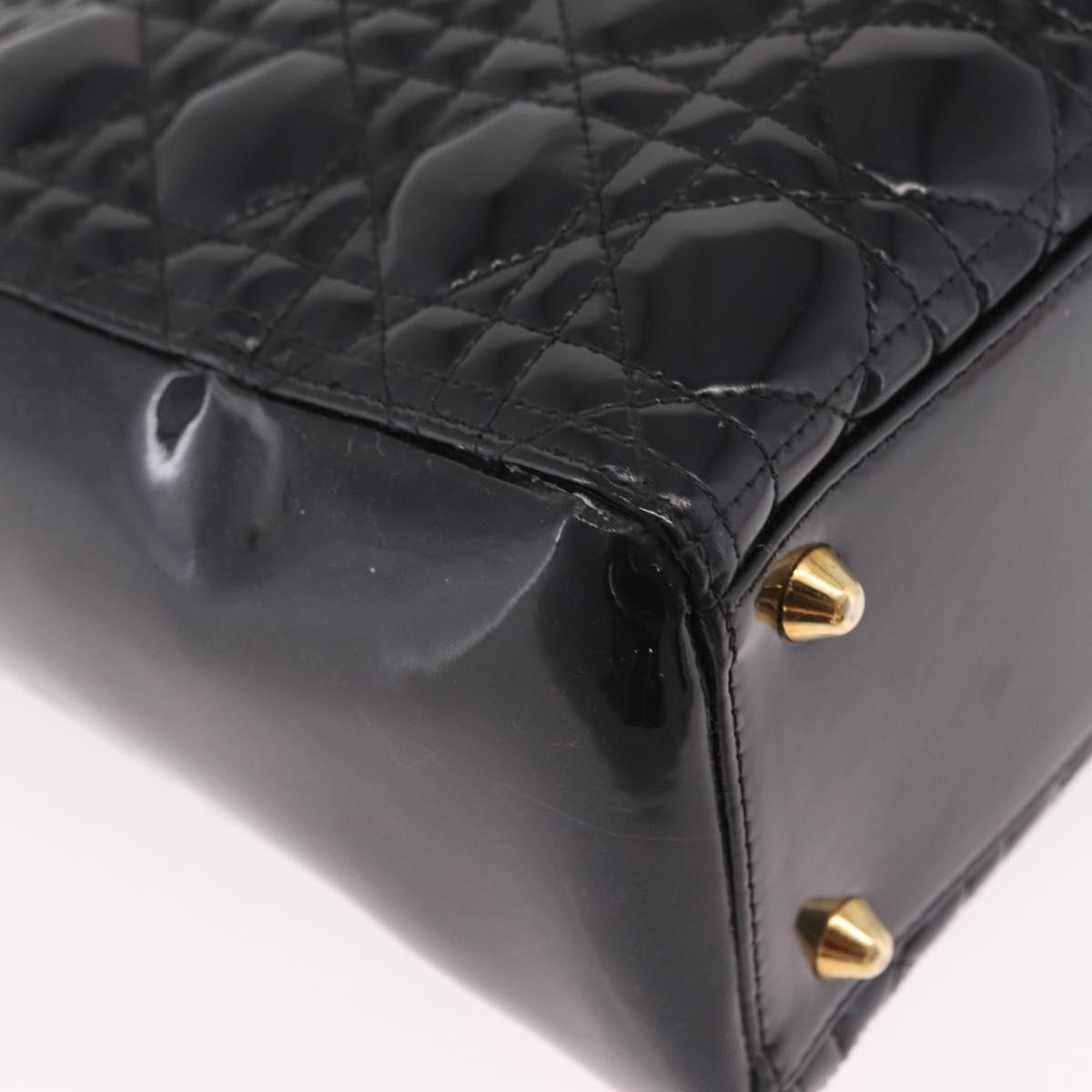Christian Dior Lady Dior Canage Hand Bag Patent 2way Black Gold Auth BA16643