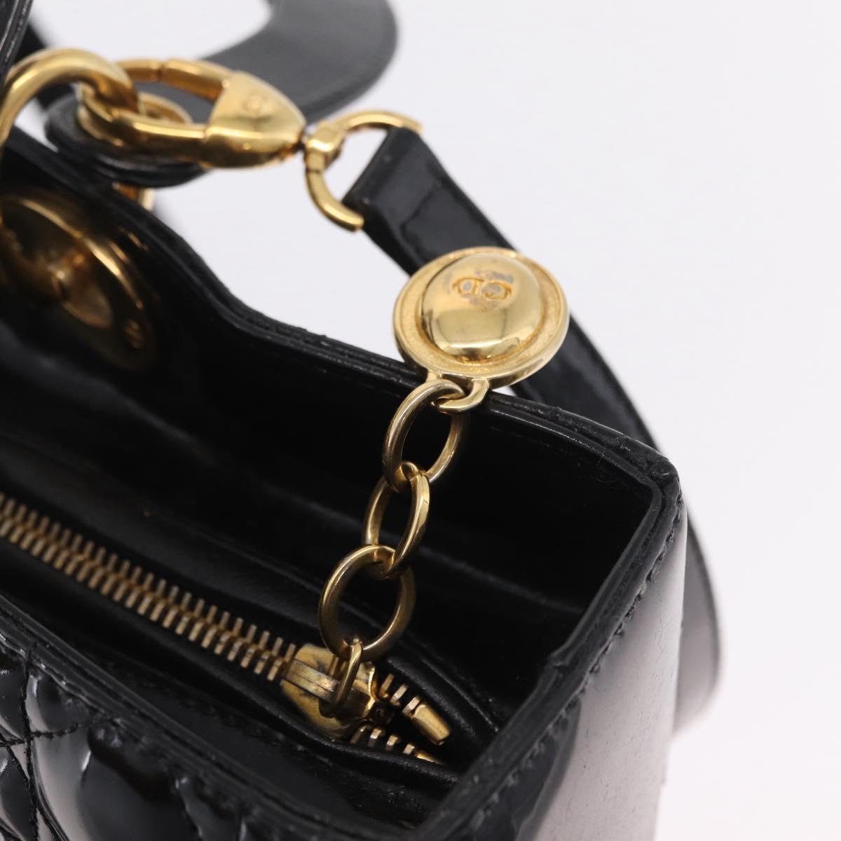 Christian Dior Lady Dior Canage Hand Bag Patent 2way Black Gold Auth BA16643
