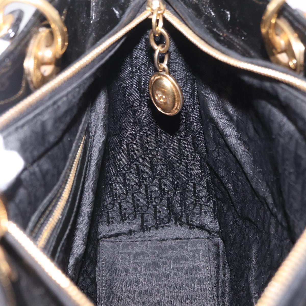 Christian Dior Lady Dior Canage Hand Bag Patent 2way Black Gold Auth BA16643