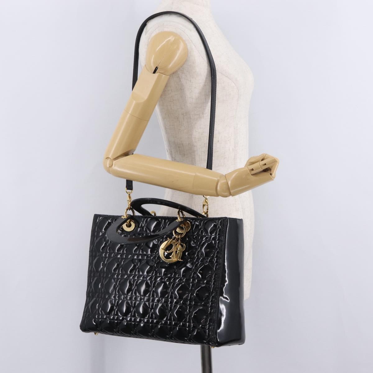 Christian Dior Lady Dior Canage Hand Bag Patent 2way Black Gold Auth BA16643