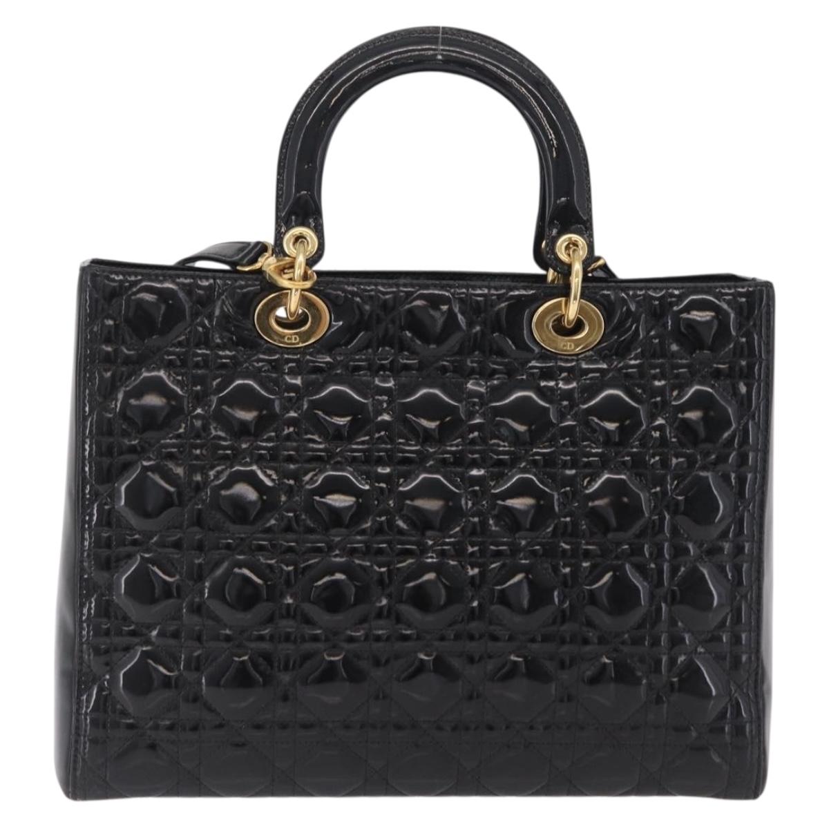 Christian Dior Lady Dior Canage Hand Bag Patent 2way Black Gold Auth BA16643