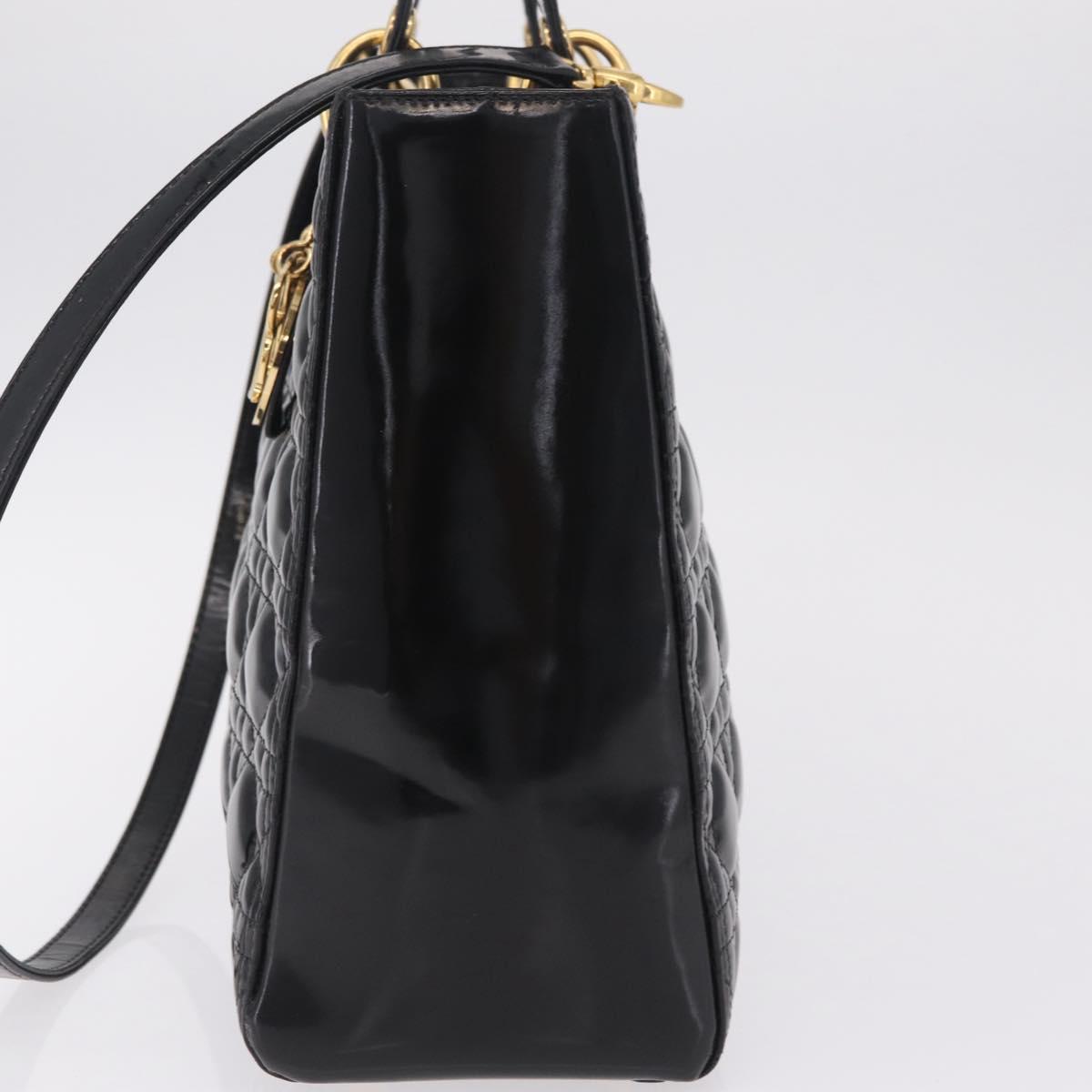 Christian Dior Lady Dior Canage Hand Bag Patent 2way Black Gold Auth BA16643