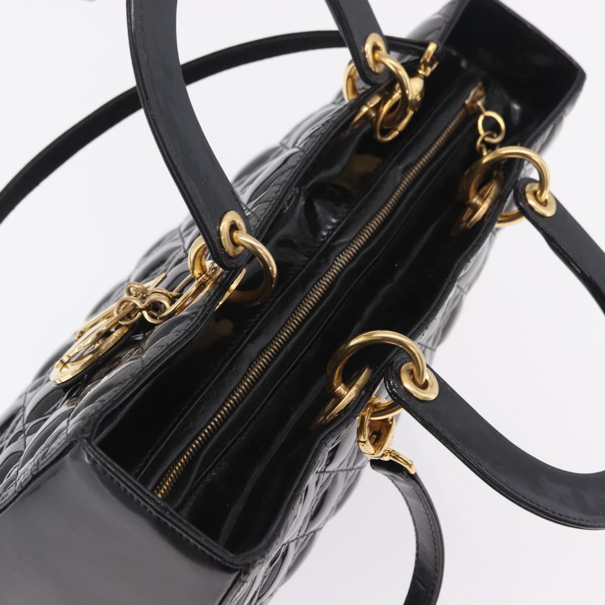 Christian Dior Lady Dior Canage Hand Bag Patent 2way Black Gold Auth BA16643