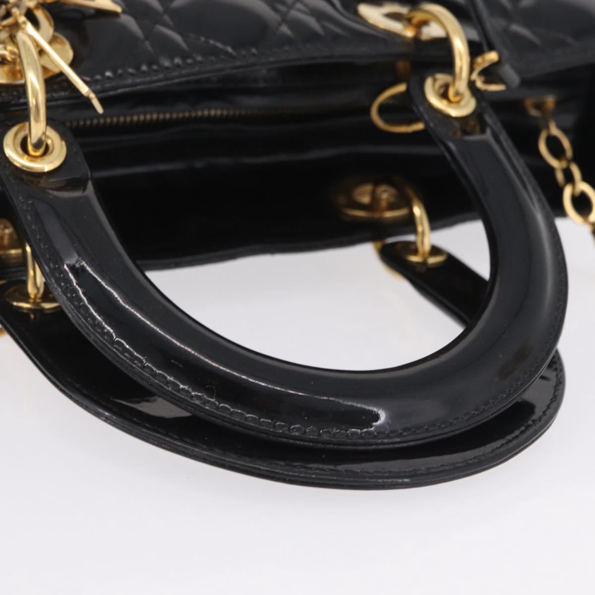Christian Dior Lady Dior Canage Hand Bag Patent 2way Black Gold Auth BA16643