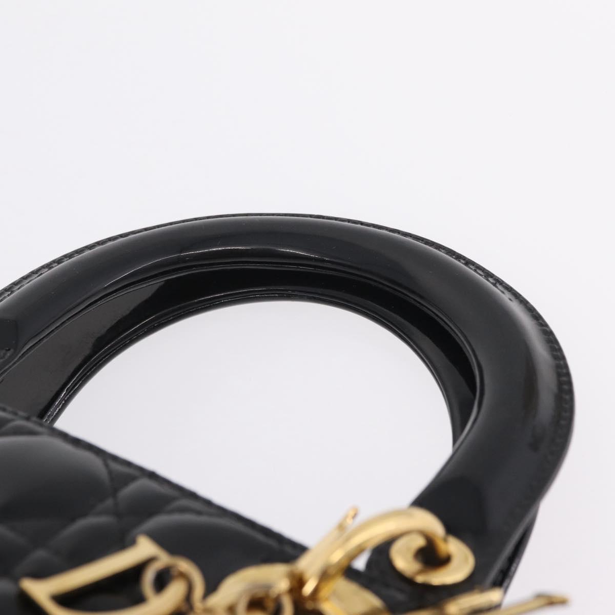 Christian Dior Lady Dior Canage Hand Bag Patent 2way Black Gold Auth BA16643