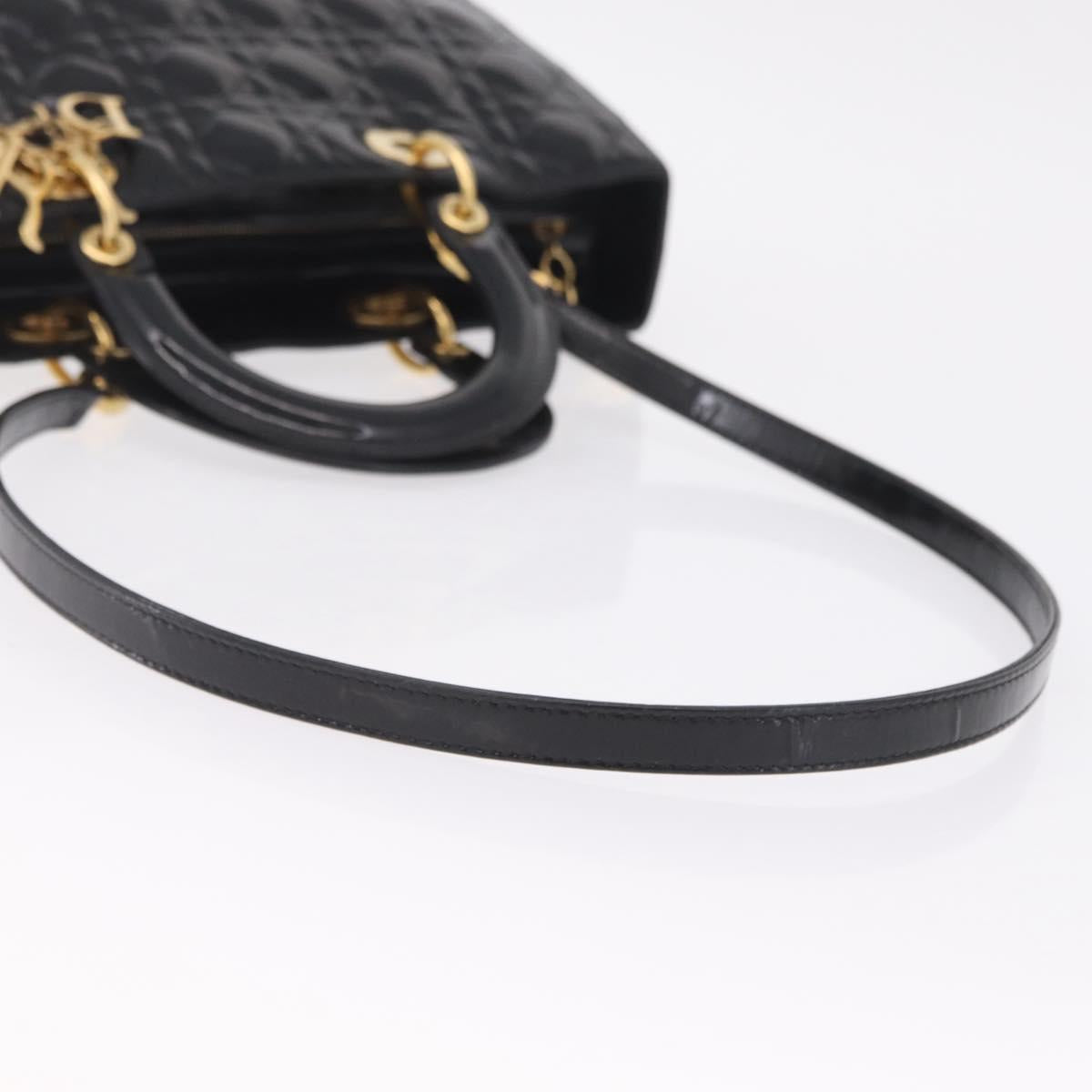 Christian Dior Lady Dior Canage Hand Bag Patent 2way Black Gold Auth BA16643
