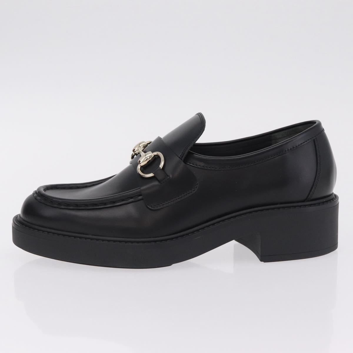GUCCI Horsebit loafers Leather 37 1/2 Black Silver Auth BA16654M