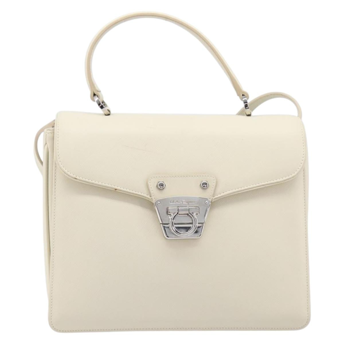 Salvatore Ferragamo Gancini Hand Bag Leather 2way White Silver Auth BA16665V