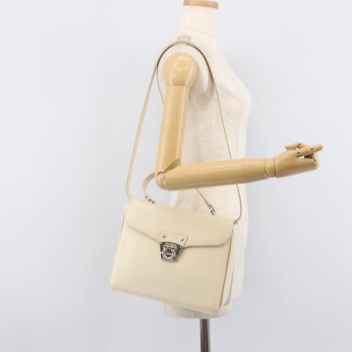 Salvatore Ferragamo Gancini Hand Bag Leather 2way White Silver Auth BA16665V
