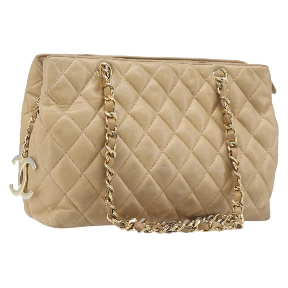 CHANEL Matelasse Chain Shoulder Bag Lamb Skin Beige Gold CC Auth BA16674