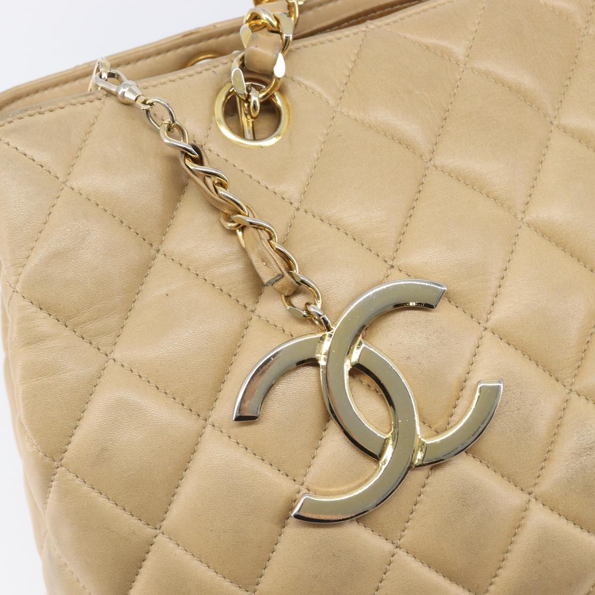 CHANEL Matelasse Chain Shoulder Bag Lamb Skin Beige Gold CC Auth BA16674