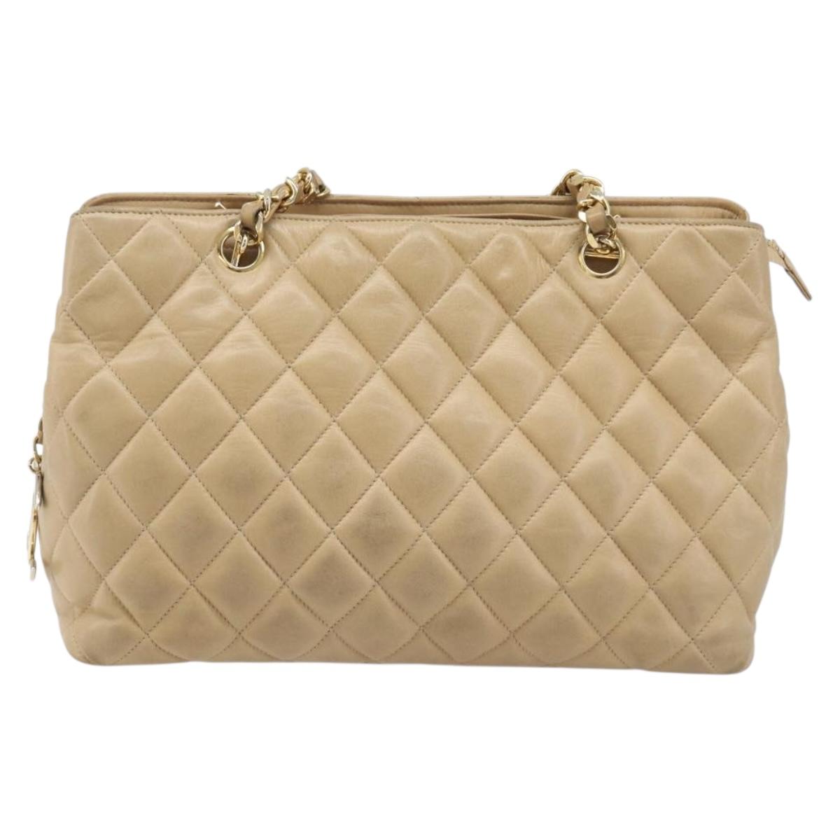CHANEL Matelasse Chain Shoulder Bag Lamb Skin Beige Gold CC Auth BA16674