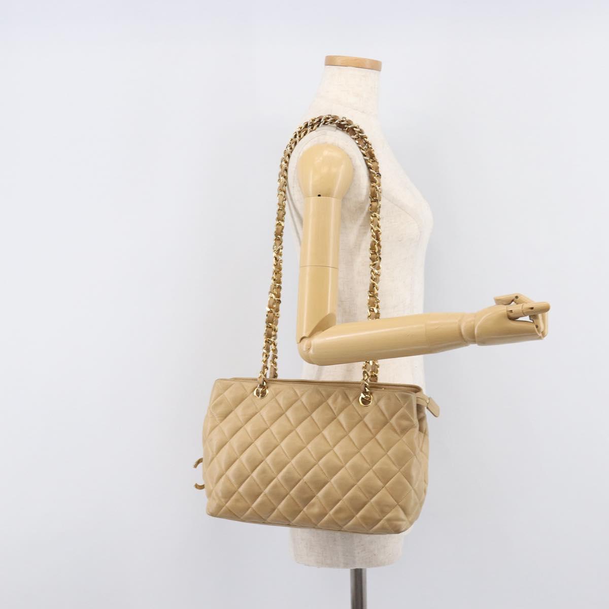 CHANEL Matelasse Chain Shoulder Bag Lamb Skin Beige Gold CC Auth BA16674