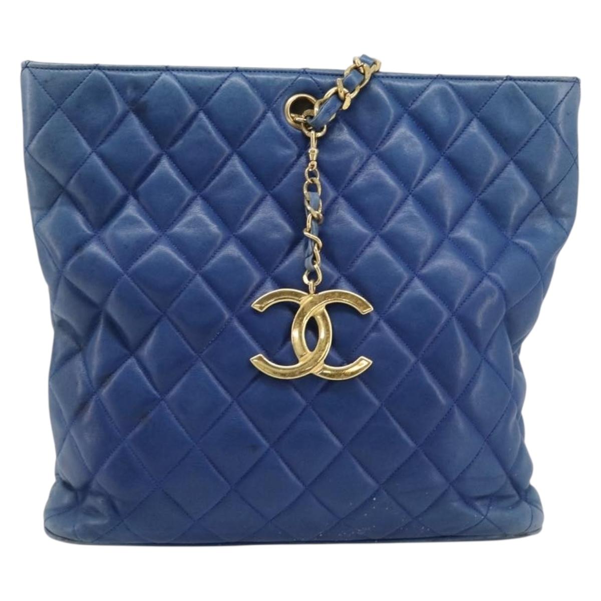 CHANEL Matelasse Chain Shoulder Bag Lamb Skin Blue Gold CC Auth BA16675