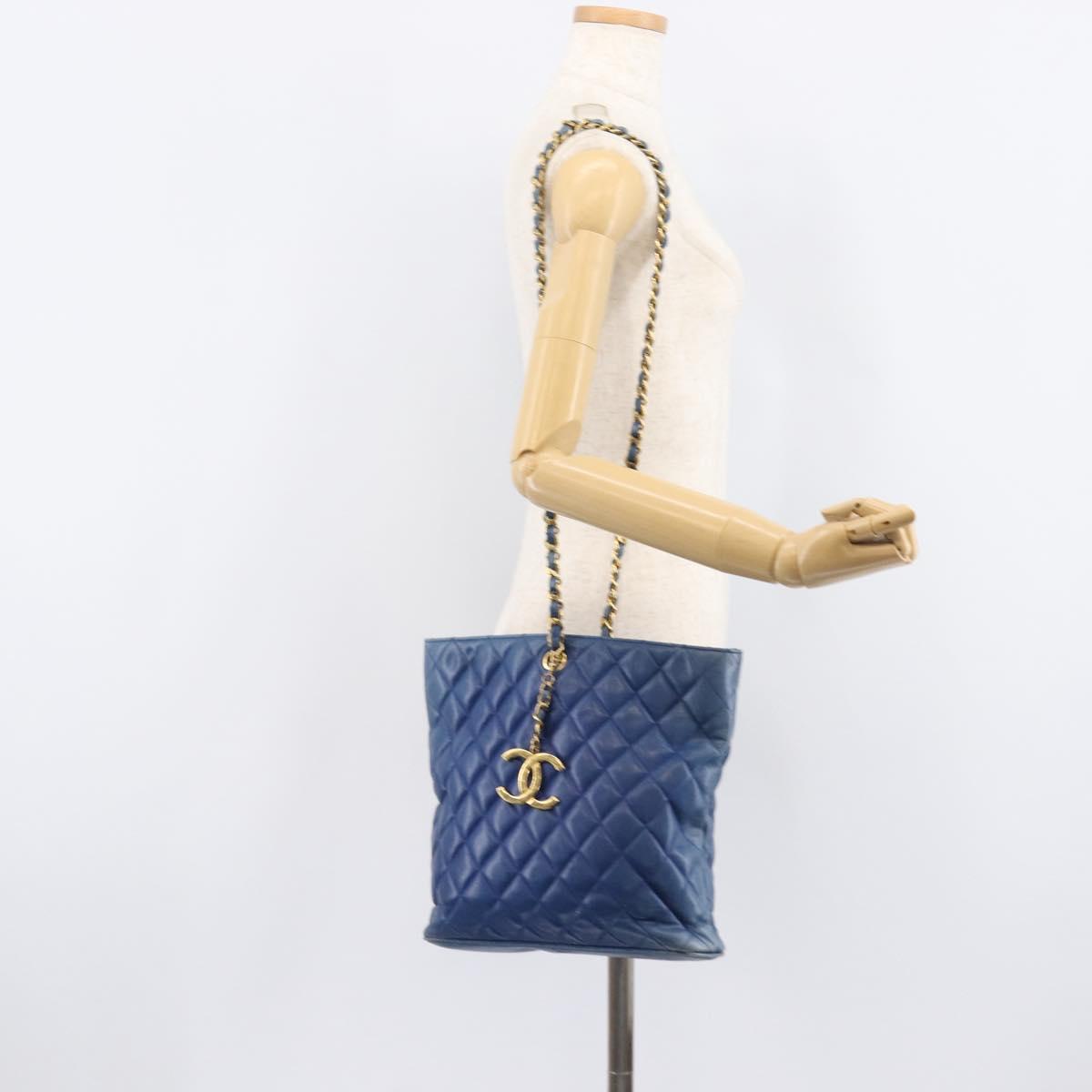 CHANEL Matelasse Chain Shoulder Bag Lamb Skin Blue Gold CC Auth BA16675