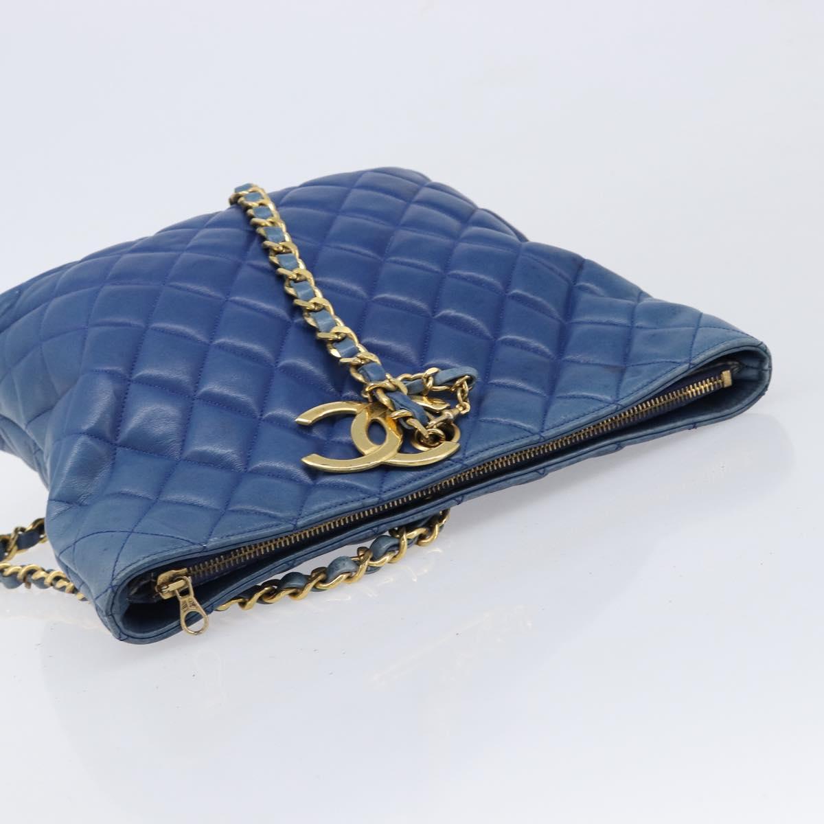 CHANEL Matelasse Chain Shoulder Bag Lamb Skin Blue Gold CC Auth BA16675