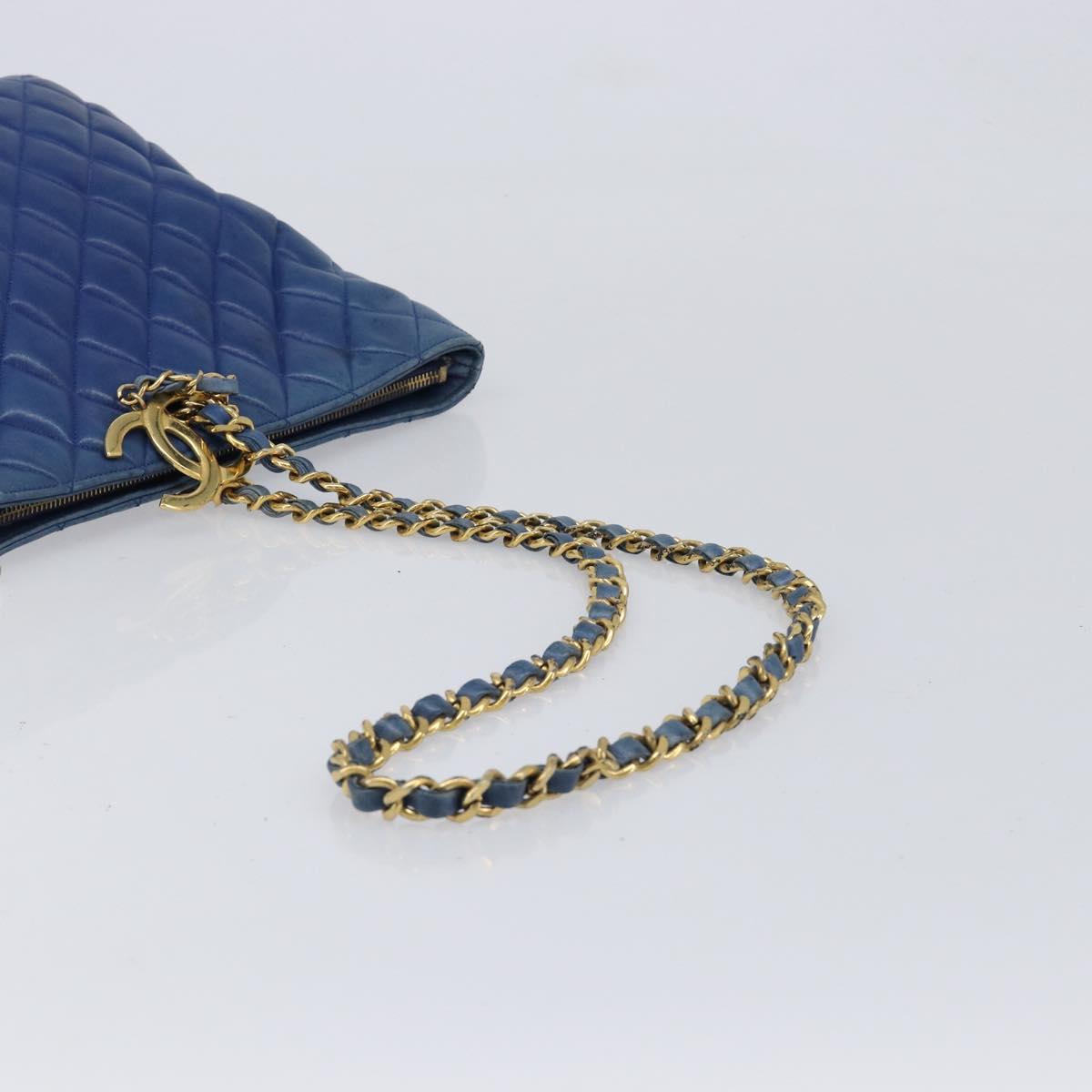 CHANEL Matelasse Chain Shoulder Bag Lamb Skin Blue Gold CC Auth BA16675