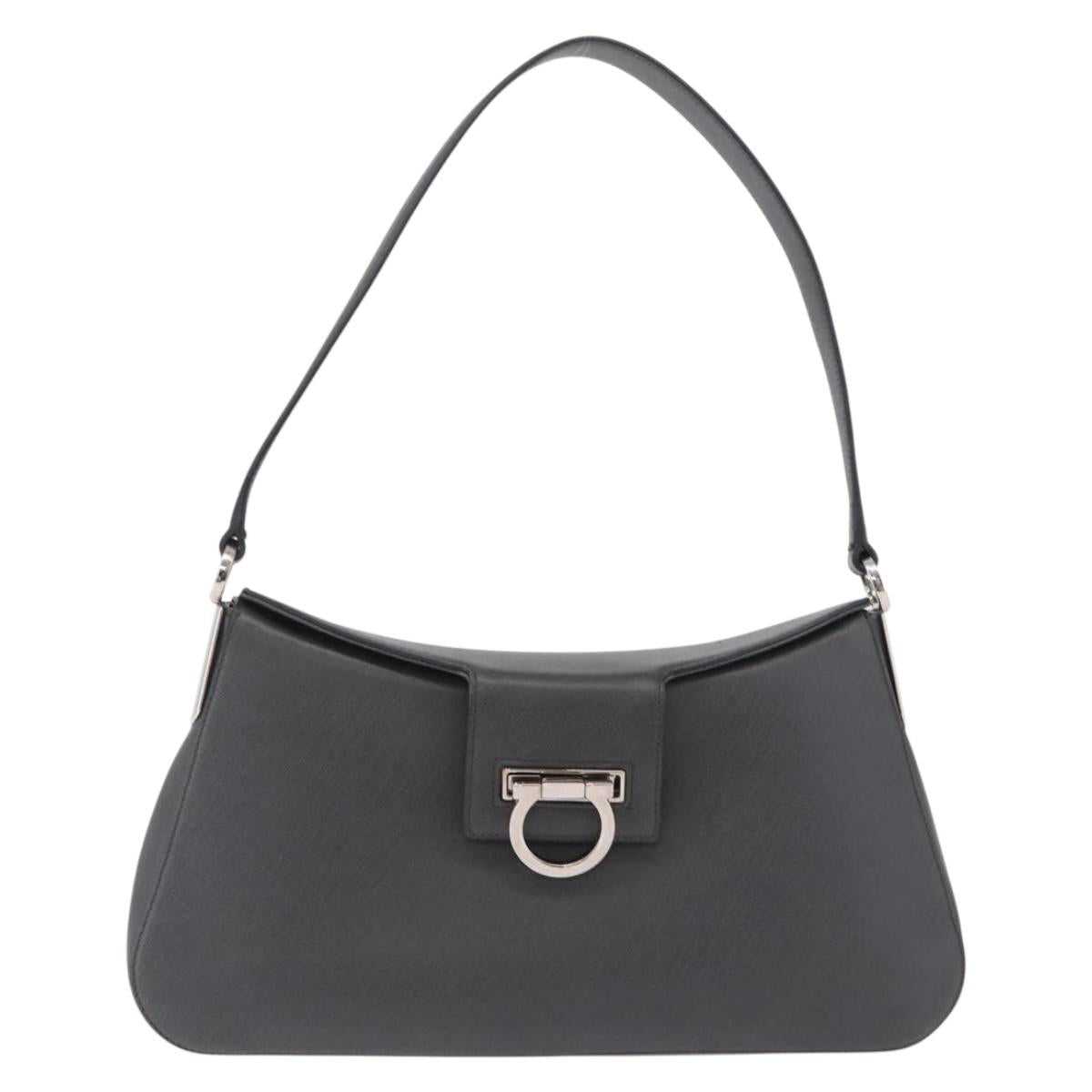 Salvatore Ferragamo Gancini Shoulder Bag Leather Gray Silver Auth BA16687
