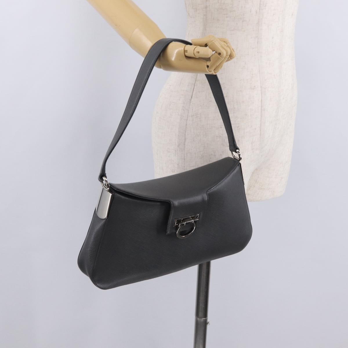 Salvatore Ferragamo Gancini Shoulder Bag Leather Gray Silver Auth BA16687
