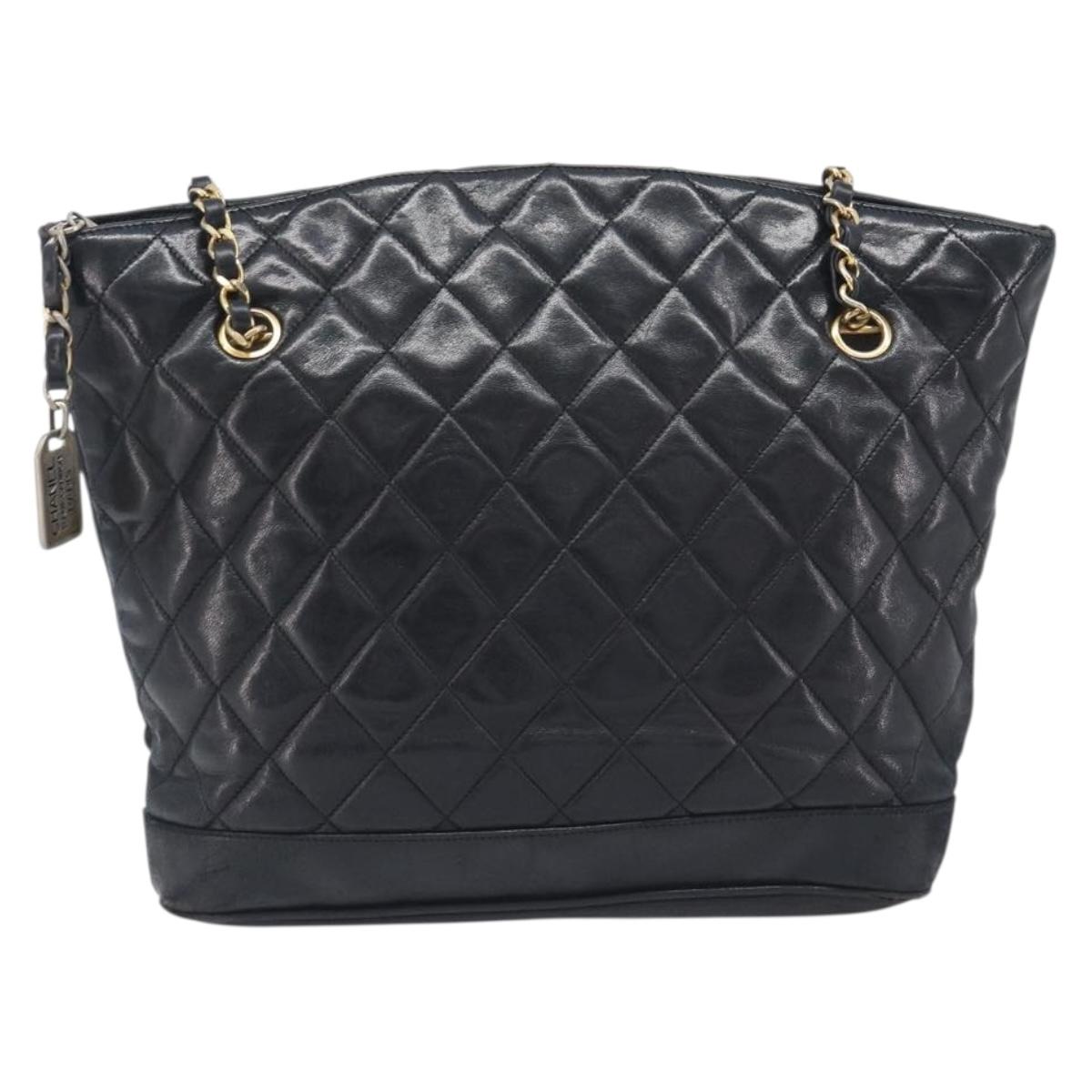 CHANEL Matelasse Chain Shoulder Bag Lamb Skin Black Gold CC Auth BA16693
