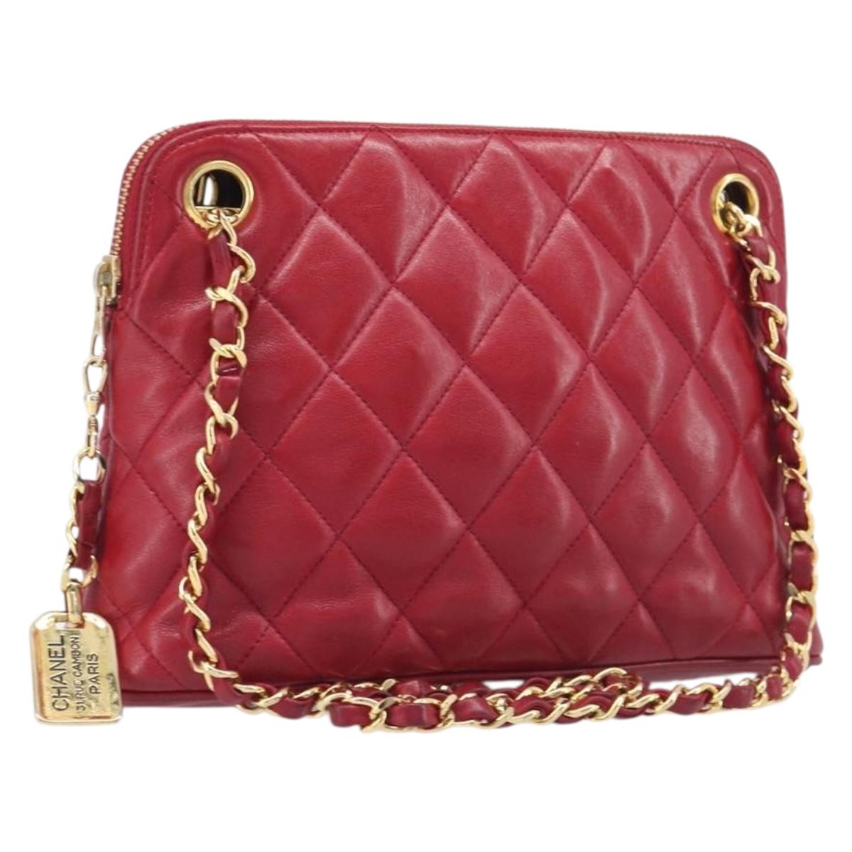 CHANEL Matelasse Chain Shoulder Bag Lamb Skin Red Gold CC Auth BA16694