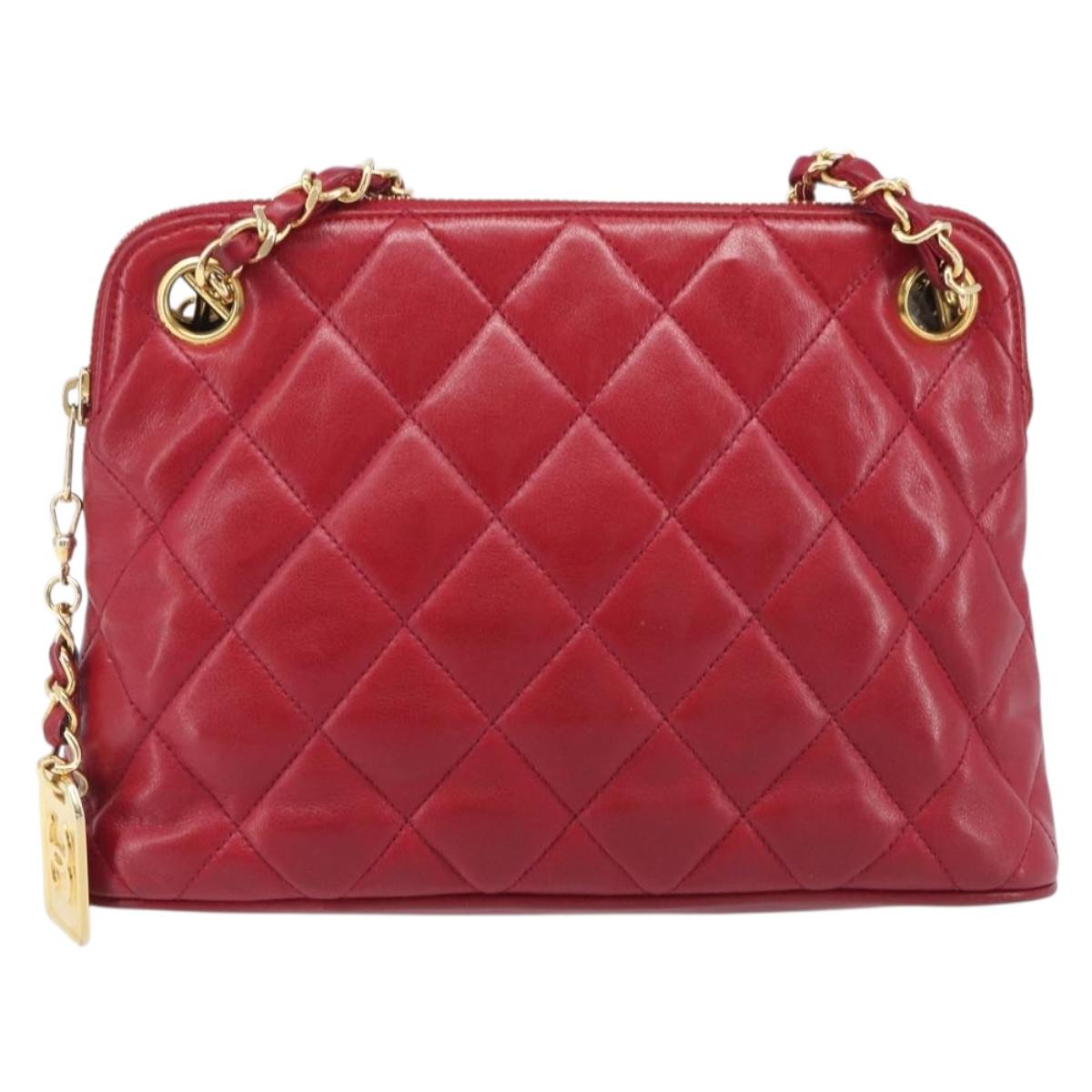 CHANEL Matelasse Chain Shoulder Bag Lamb Skin Red Gold CC Auth BA16694