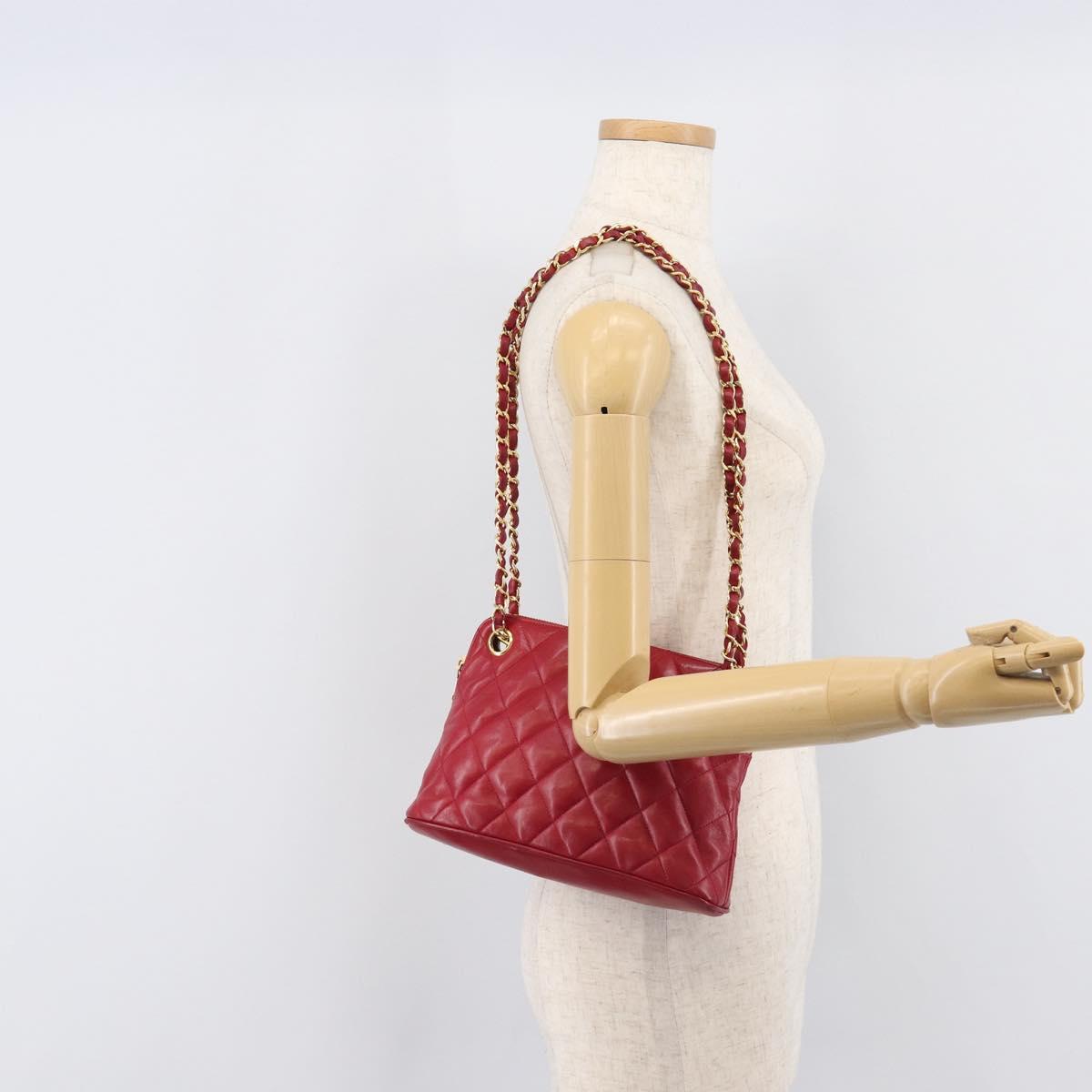 CHANEL Matelasse Chain Shoulder Bag Lamb Skin Red Gold CC Auth BA16694