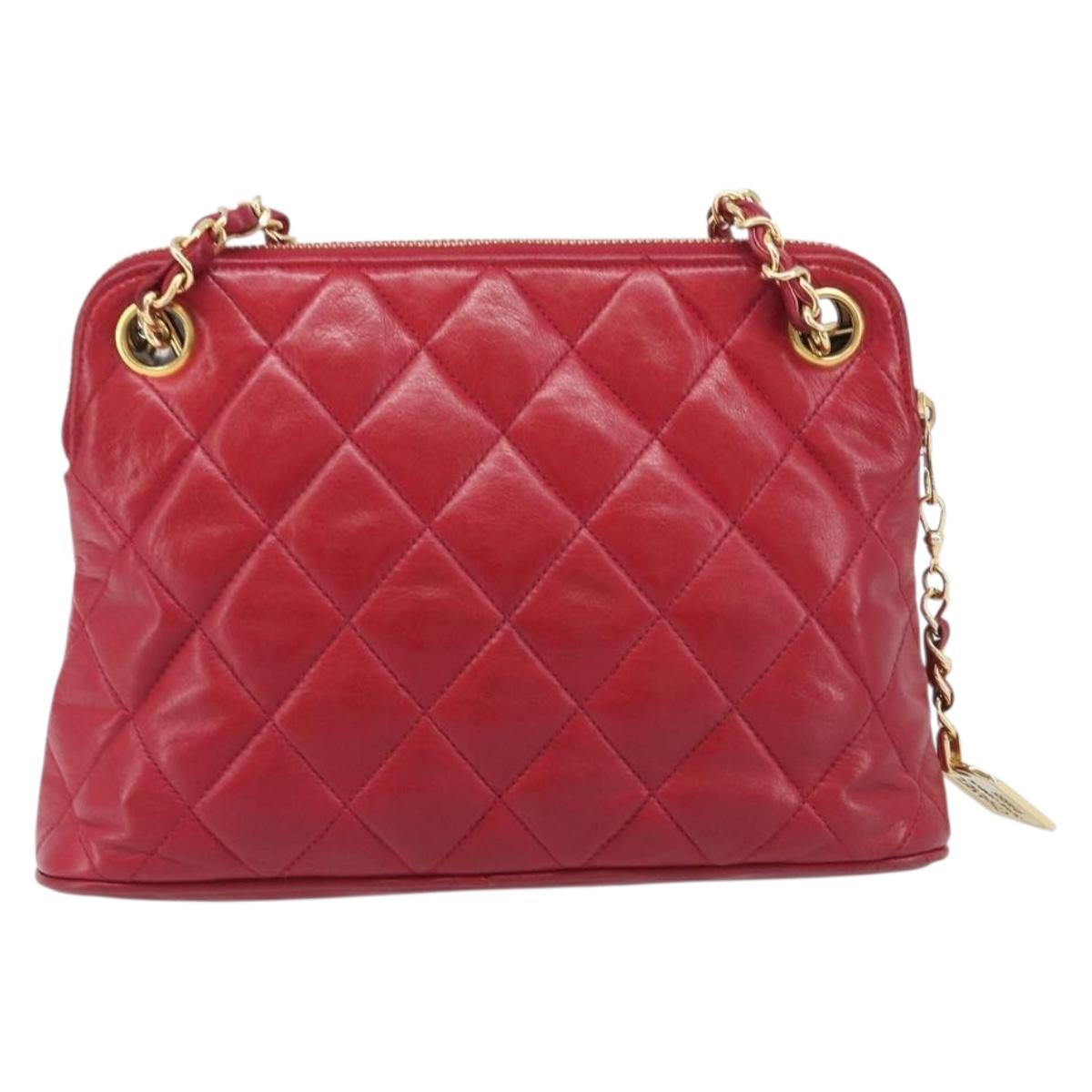 CHANEL Matelasse Chain Shoulder Bag Lamb Skin Red Gold CC Auth BA16694