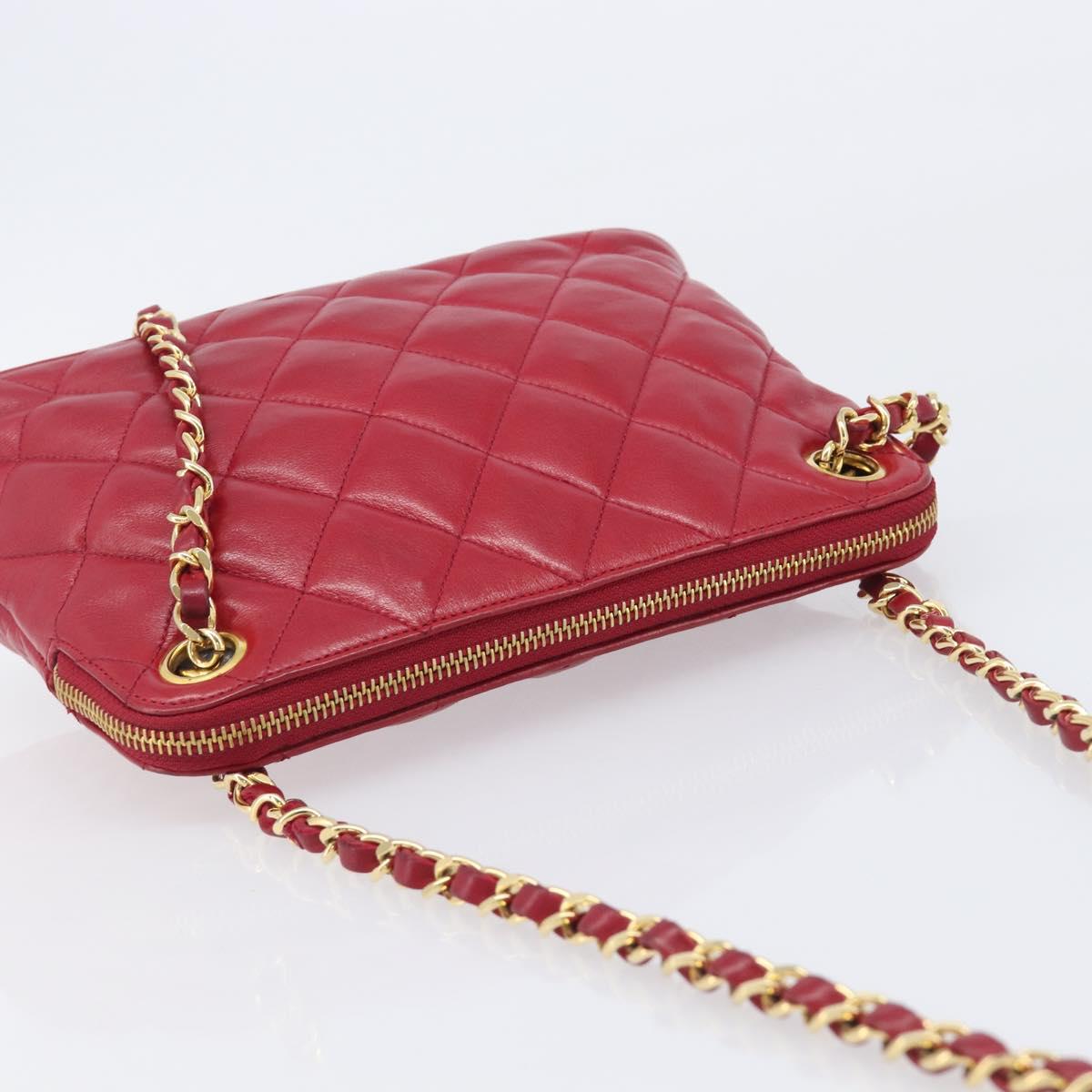 CHANEL Matelasse Chain Shoulder Bag Lamb Skin Red Gold CC Auth BA16694