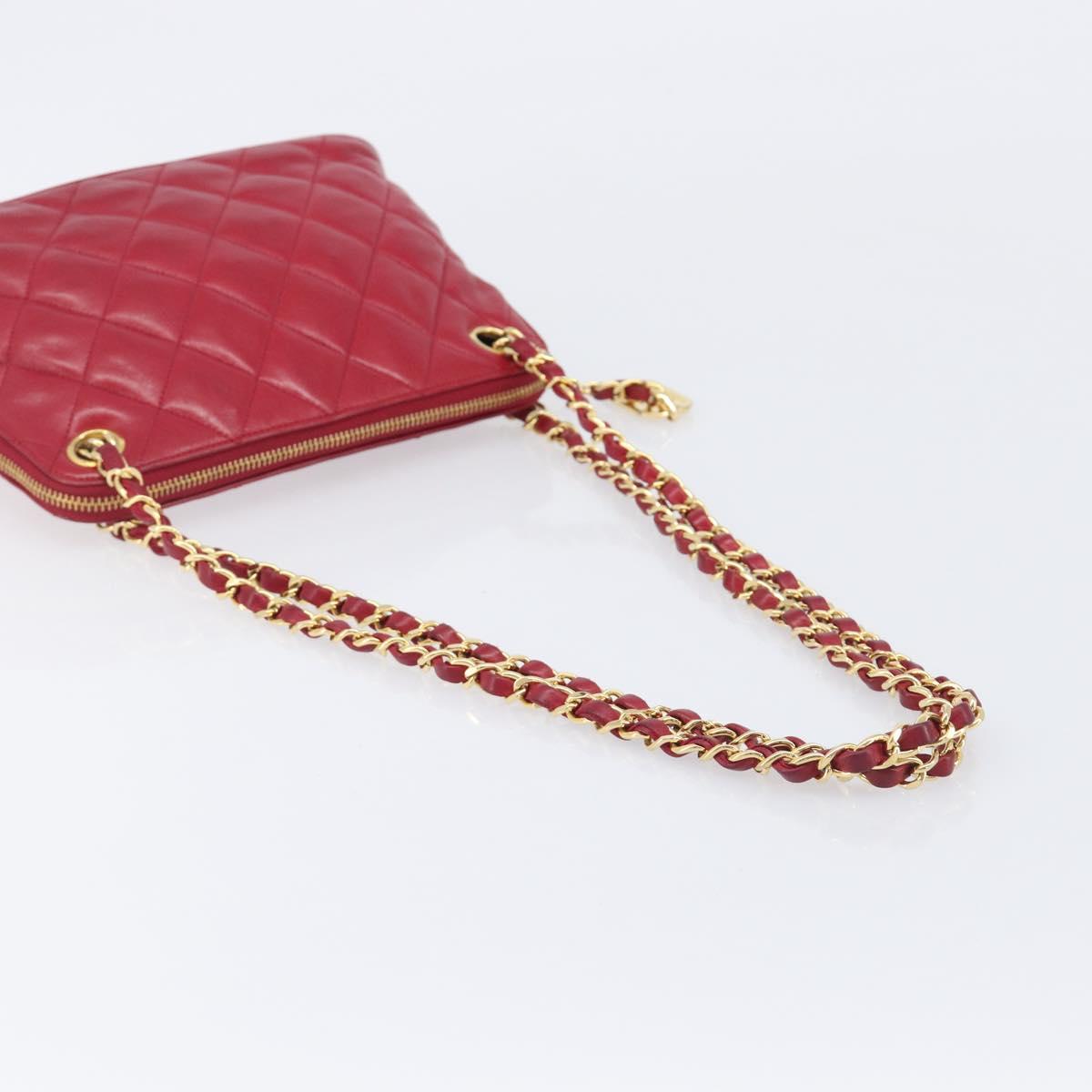 CHANEL Matelasse Chain Shoulder Bag Lamb Skin Red Gold CC Auth BA16694