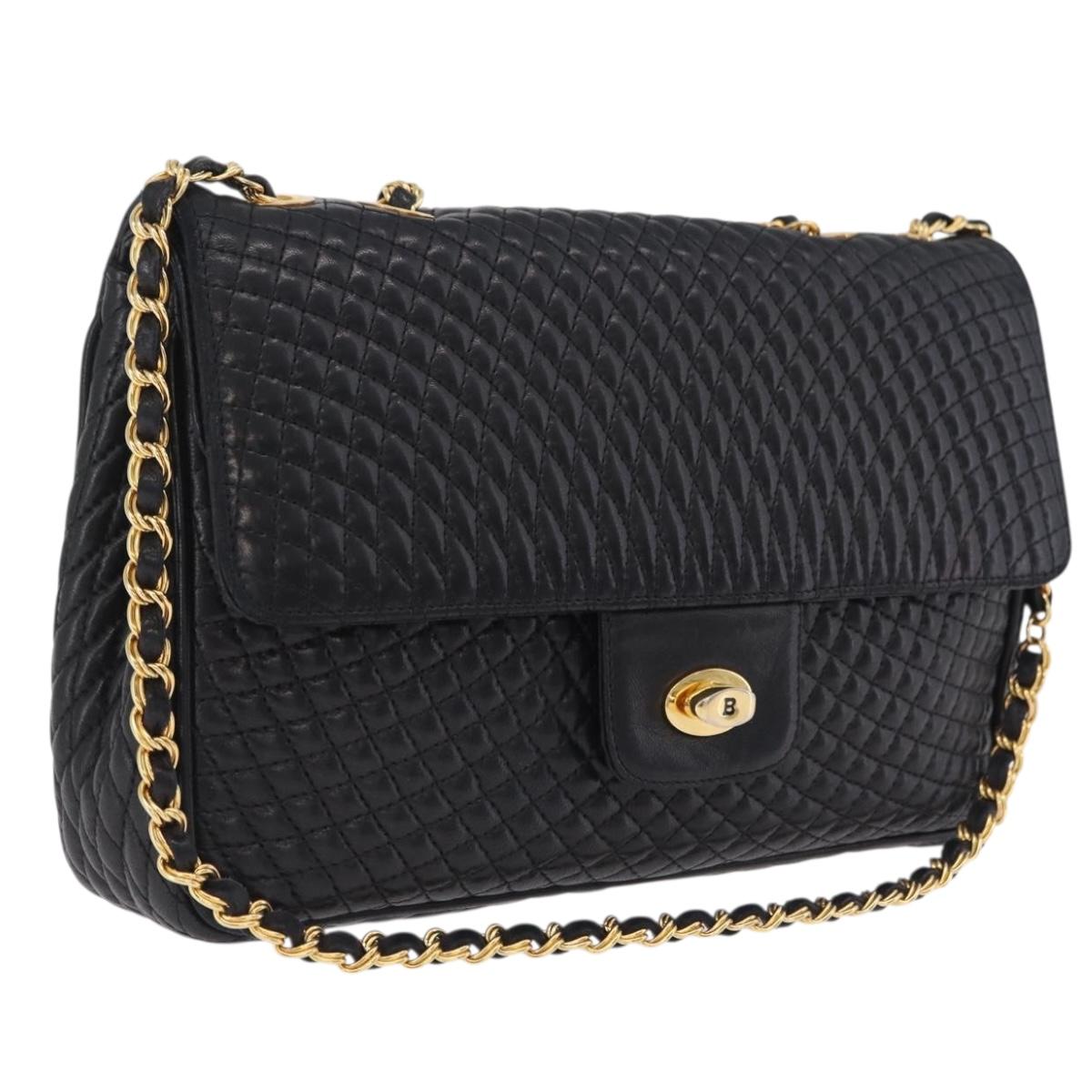 Bally Chain Shoulder Bag Leather Black Gold Auth BA16698