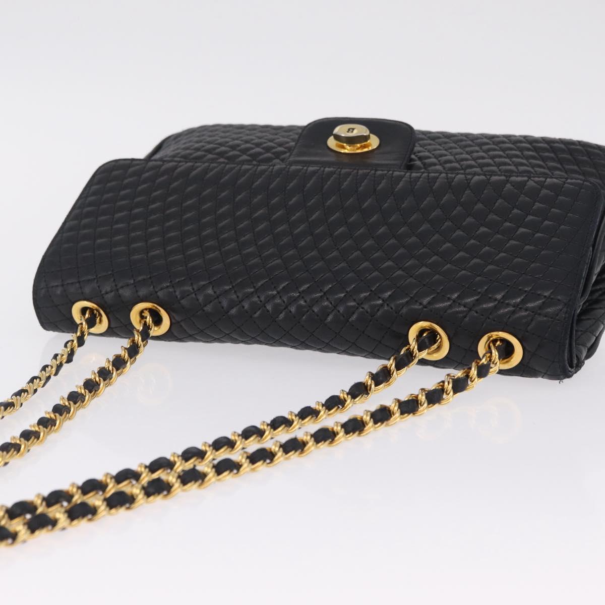 Bally Chain Shoulder Bag Leather Black Gold Auth BA16698