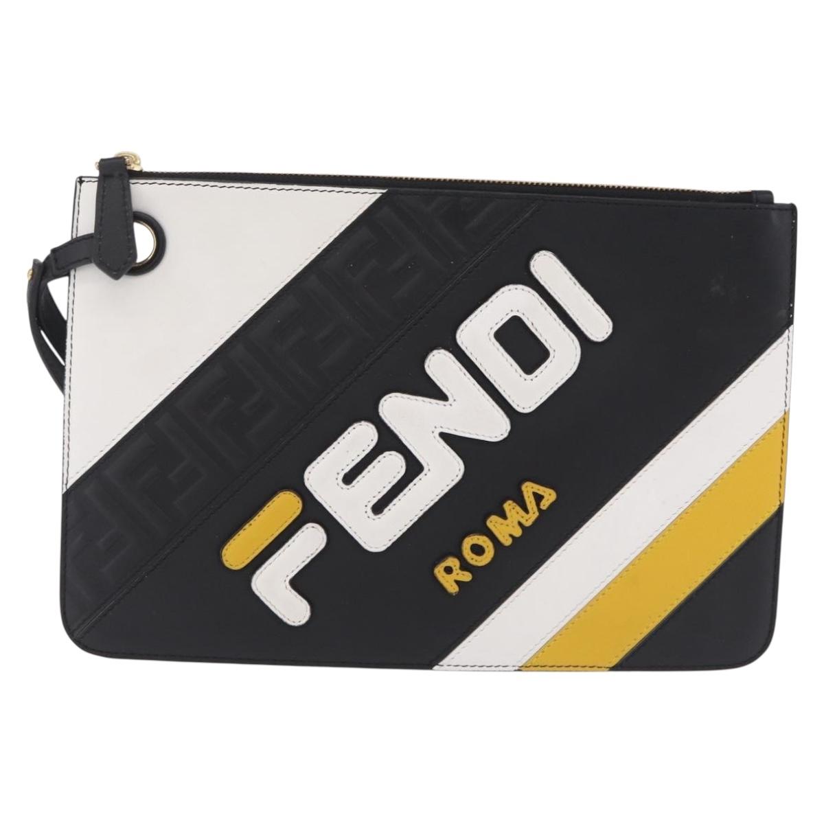 FENDI FILA Collaboration Clutch Bag Leather Black Gold Auth BA16700A