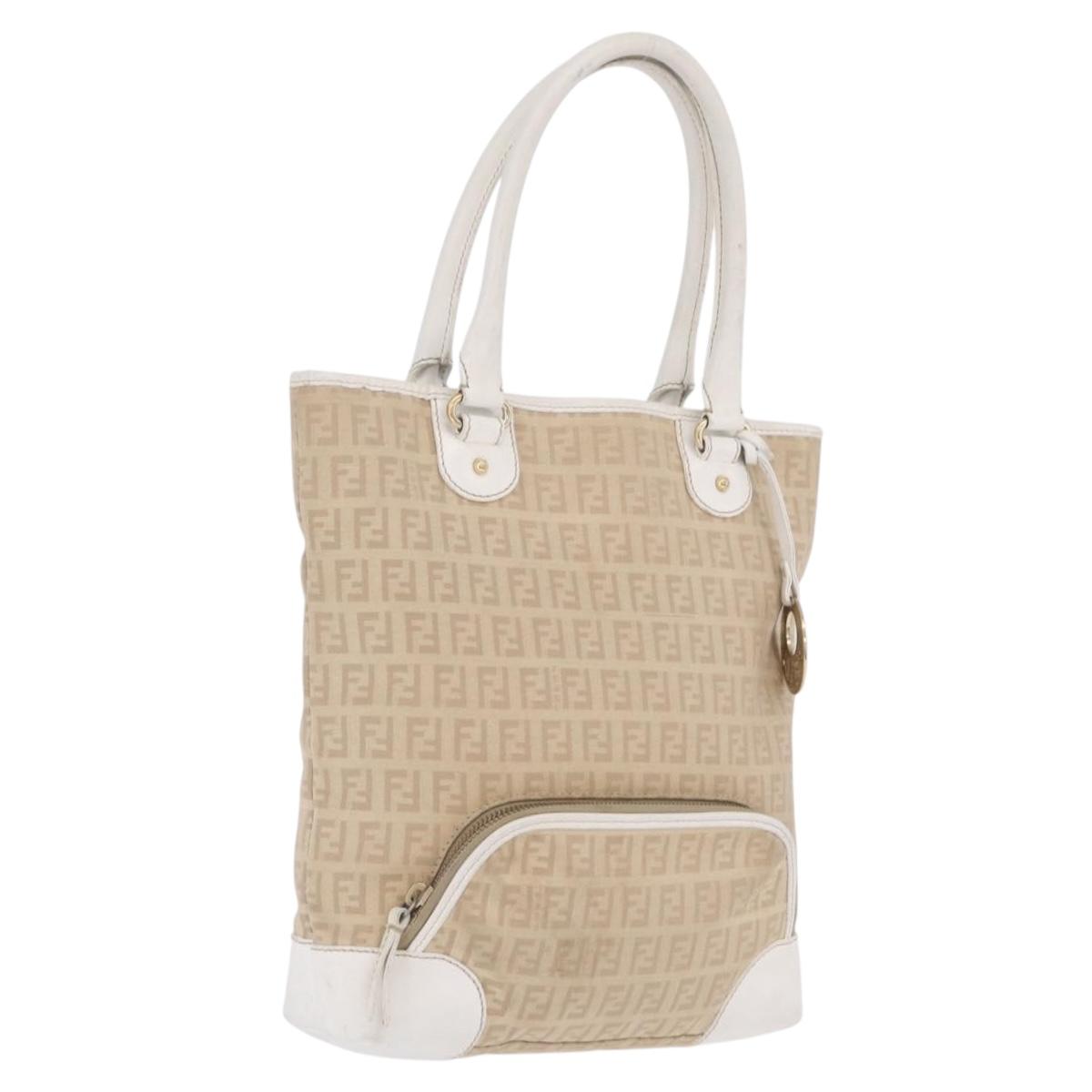 FENDI Zucchino Canvas Hand Bag Beige Gold Auth BA16701