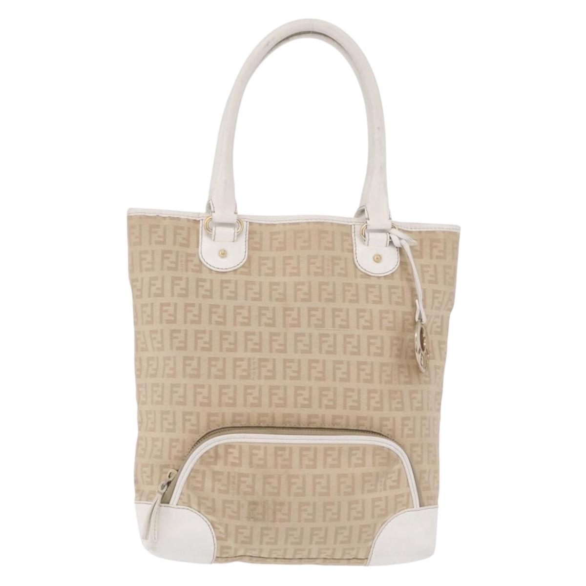 FENDI Zucchino Canvas Hand Bag Beige Gold Auth BA16701