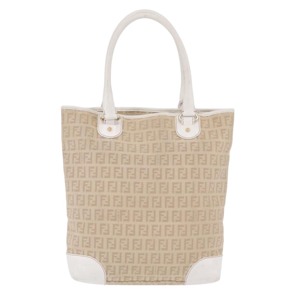 FENDI Zucchino Canvas Hand Bag Beige Gold Auth BA16701