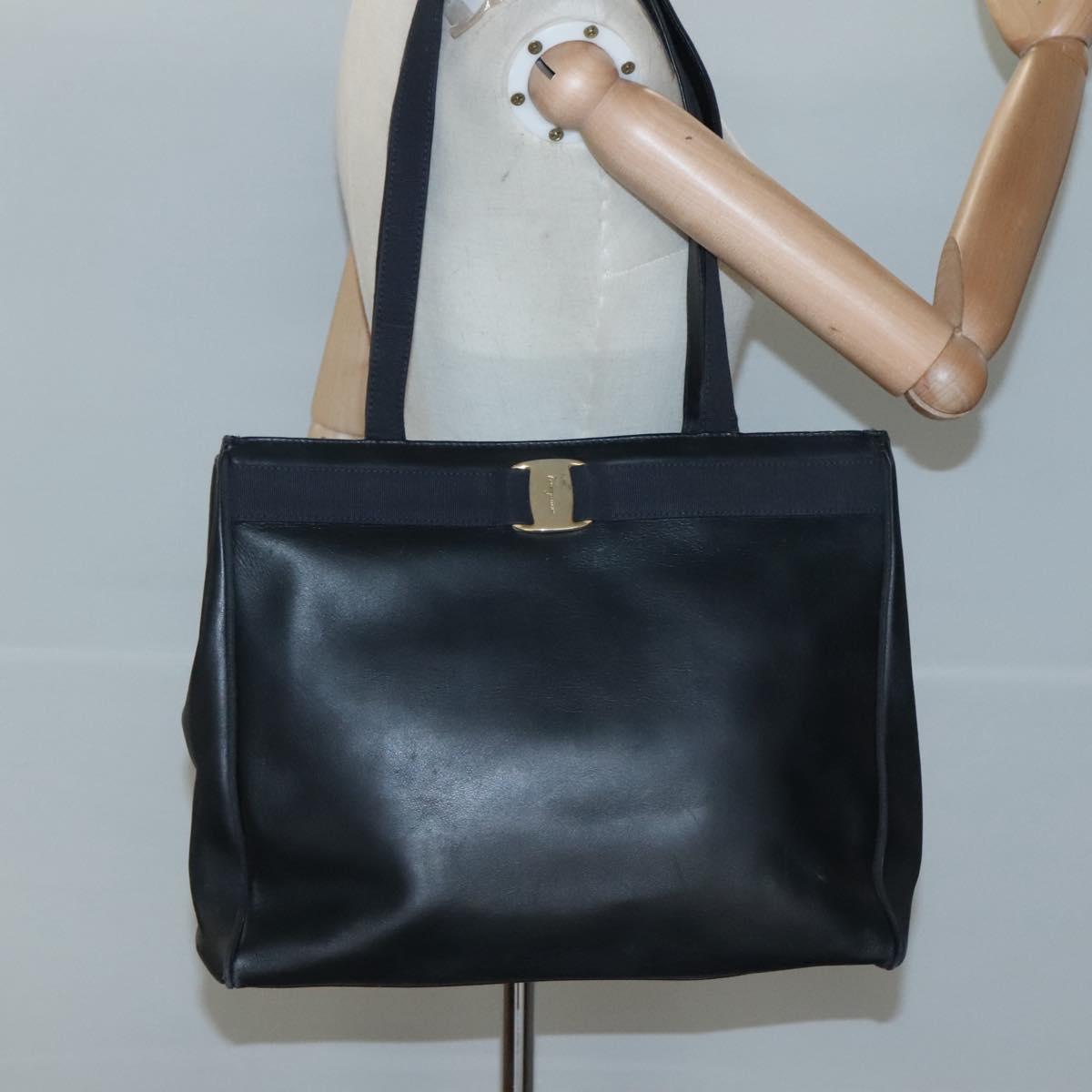 Salvatore Ferragamo Vala Tote Bag Leather Black Gold Auth BA1672