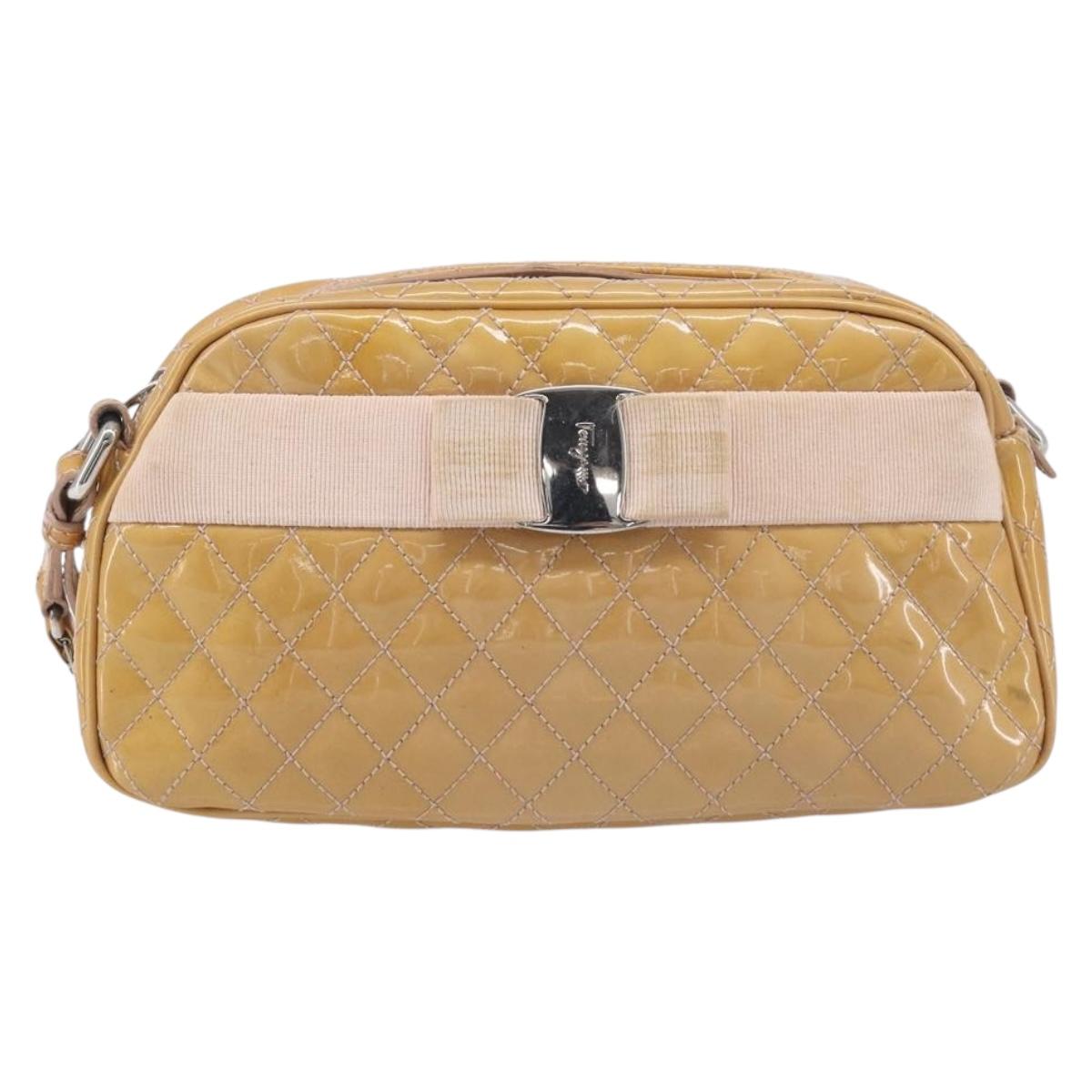 Salvatore Ferragamo Vala Shoulder Bag Patent Leather Beige Silver Auth BA16722