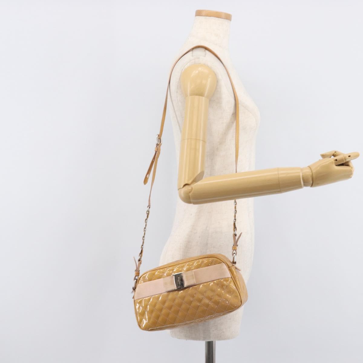 Salvatore Ferragamo Vala Shoulder Bag Patent Leather Beige Silver Auth BA16722