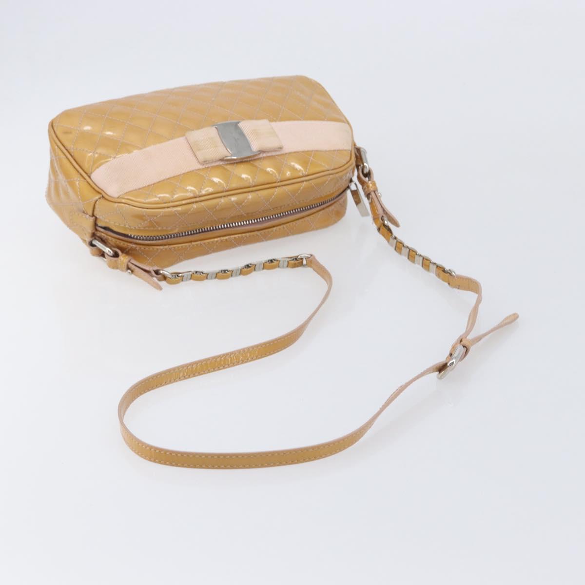 Salvatore Ferragamo Vala Shoulder Bag Patent Leather Beige Silver Auth BA16722