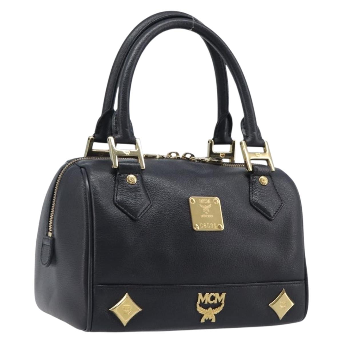 MCM Hand Bag Leather Black Gold Auth BA16736A