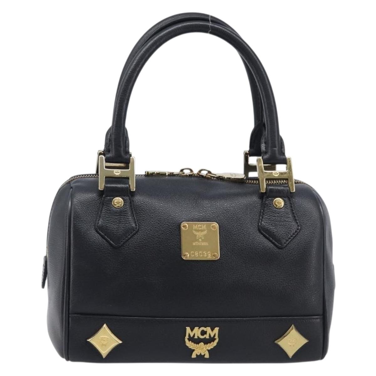 MCM Hand Bag Leather Black Gold Auth BA16736A
