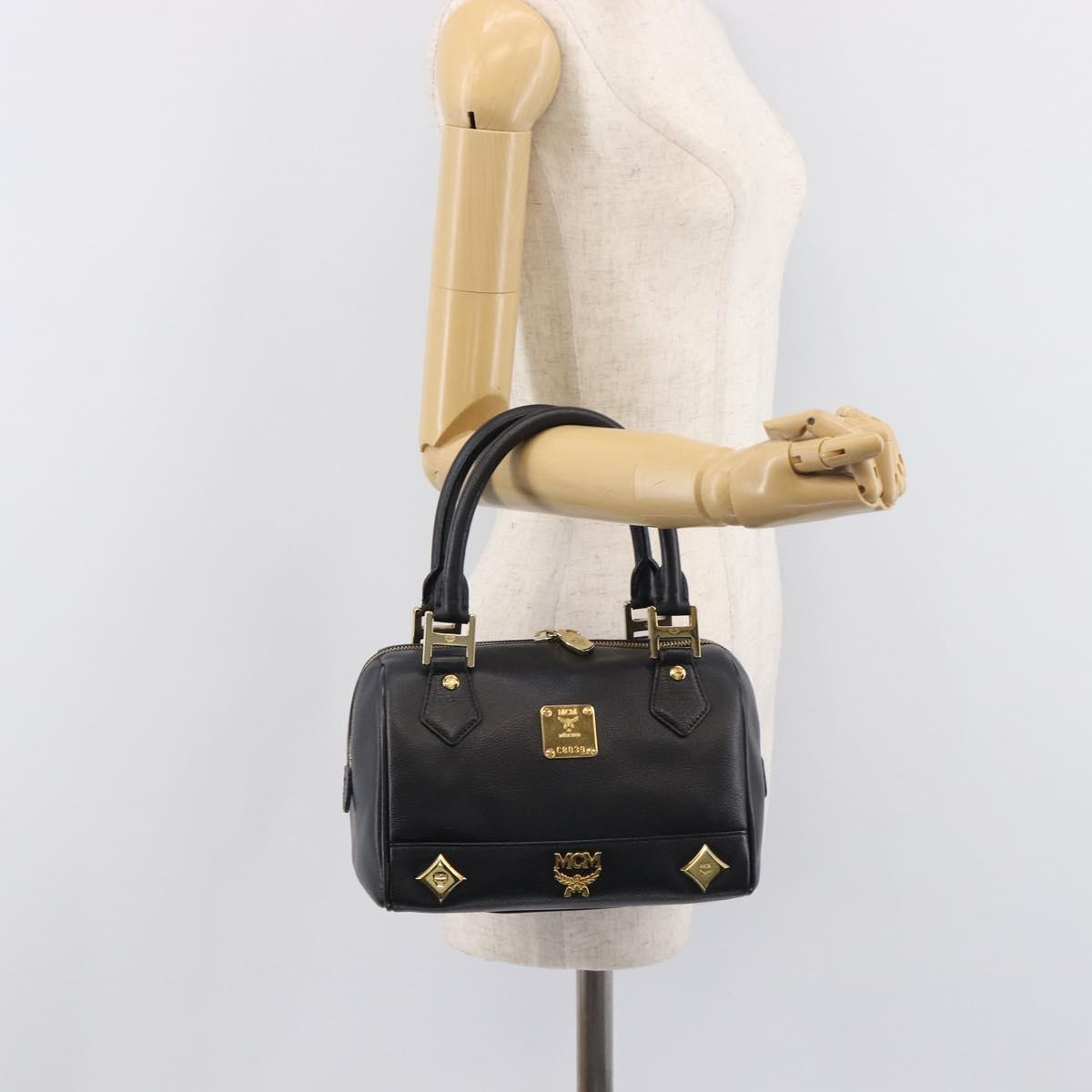 MCM Hand Bag Leather Black Gold Auth BA16736A