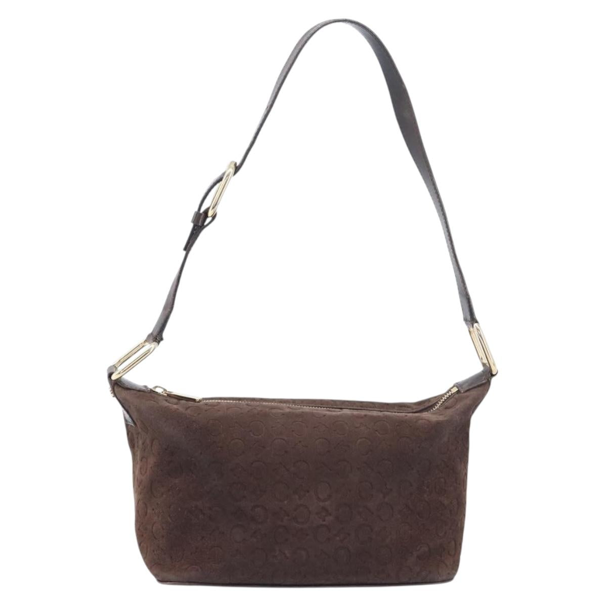 CELINE C Macadam Canvas Shoulder Bag Suede Brown Gold Auth BA16764